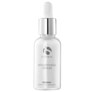 A 15ml bottle of Brightening Serum stands upright against a plain white background, featuring clear glass, a silver dropper cap, and a white label with gray text.